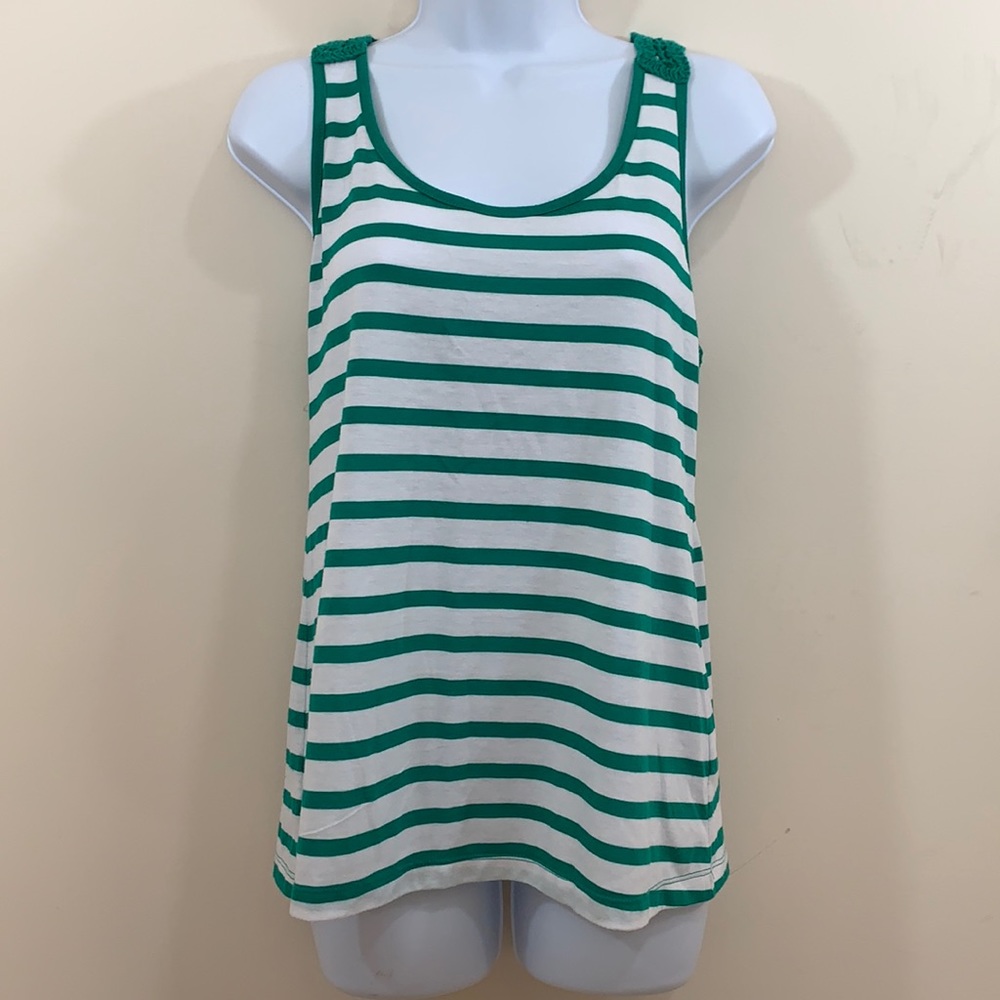 CATO Sleeveless Crochet Back Striped Shirt  Sz M